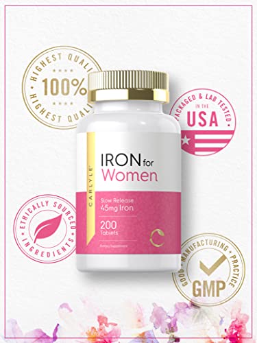 Iron Pills for Women | 45mg | 200 Slow Release Tablets | Vegetarian, Non-GMO, Gluten Free Supplement | by Carlyle