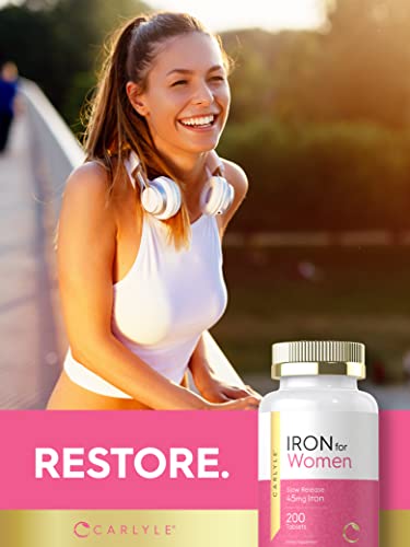 Iron Pills for Women | 45mg | 200 Slow Release Tablets | Vegetarian, Non-GMO, Gluten Free Supplement | by Carlyle