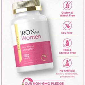 Iron Pills for Women | 45mg | 200 Slow Release Tablets | Vegetarian, Non-GMO, Gluten Free Supplement | by Carlyle