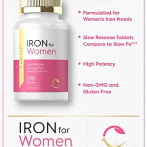 Iron Pills for Women | 45mg | 200 Slow Release Tablets | Vegetarian, Non-GMO, Gluten Free Supplement | by Carlyle