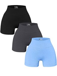 oqq women's 3 piece yoga ribbed seamless workout high waist athletic legging shorts, black grey candyblue, large