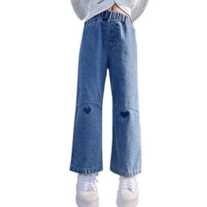 milokado big girls kids jeans casual elastic waist wide leg demin pants size 5-13 years (blue (h), 12-13 years)