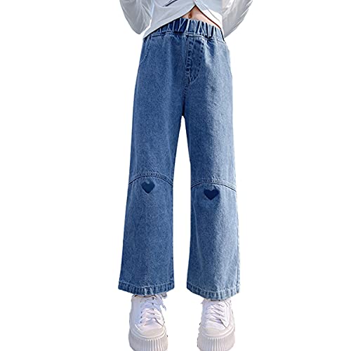 Milokado Big Girls Kids Jeans Casual Elastic Waist Wide Leg Demin Pants Size 5-13 Years (Blue (H), 12-13 Years)