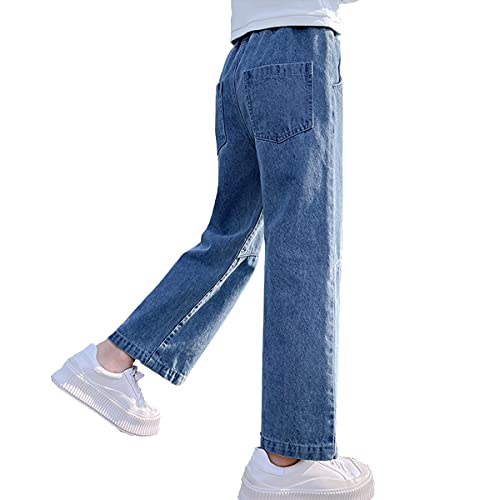 Milokado Big Girls Kids Jeans Casual Elastic Waist Wide Leg Demin Pants Size 5-13 Years (Blue (H), 12-13 Years)