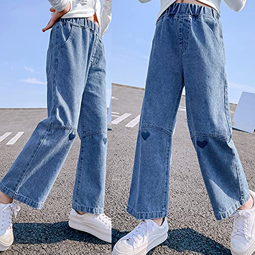 Milokado Big Girls Kids Jeans Casual Elastic Waist Wide Leg Demin Pants Size 5-13 Years (Blue (H), 12-13 Years)