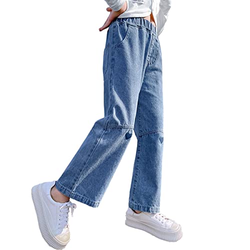 Milokado Big Girls Kids Jeans Casual Elastic Waist Wide Leg Demin Pants Size 5-13 Years (Blue (H), 12-13 Years)