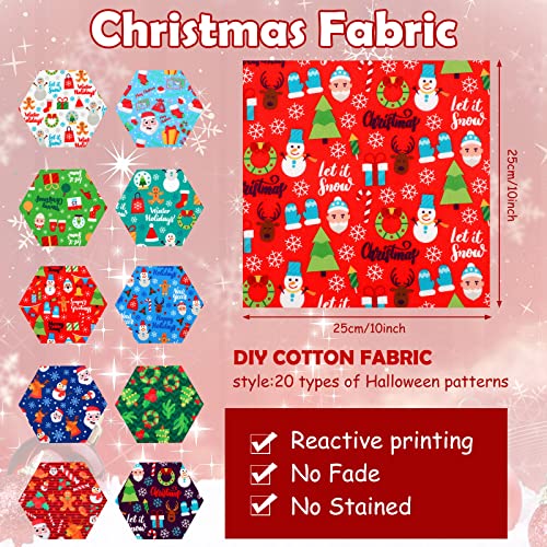 20 Pieces Christmas Fabric Fat Quarters Christmas Fabric Bundles Precut Fabric Squares Christmas Tree Snowflake Printed Fabric Scraps for Dress Apron DIY Crafts (Vivid Pattern, 10 x 10 Inch)