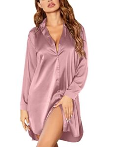 ekouaer nightwear for women sexy satin sleepshirt long sleeve classic sleepdress dark pink xlarge
