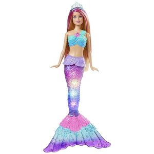 barbie dreamtopia doll, mermaid toy with water-activated light-up tail, pink-streaked hair & 4 colorful light shows