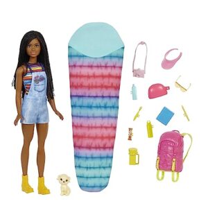 barbie it takes two doll & accessories, brooklyn camping playset with doll, pet puppy & 10+ accessories including sleeping bag