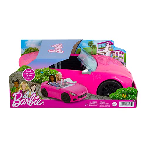 Barbie Toy Car, Bright Pink 2-Seater Convertible with Seatbelts and Rolling Wheels, Realistic Details