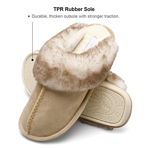 Besroad Womens Furry Faux Fur Slippers Cozy Memory Foam House Slippers Soft Flat Slide Sandals Indoor Outdoor Slippers Brown 8-9