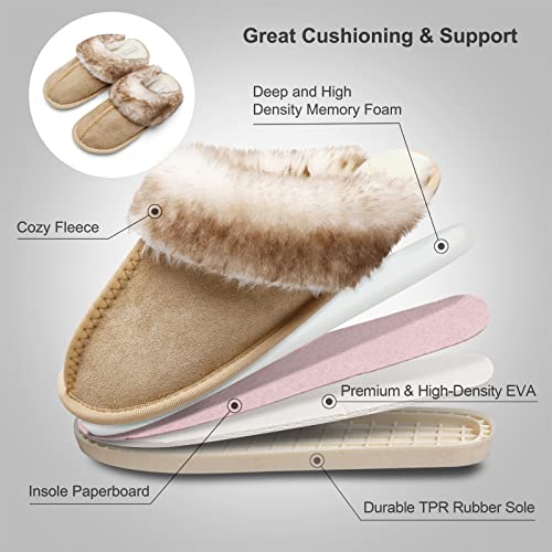 Besroad Womens Furry Faux Fur Slippers Cozy Memory Foam House Slippers Soft Flat Slide Sandals Indoor Outdoor Slippers Brown 8-9