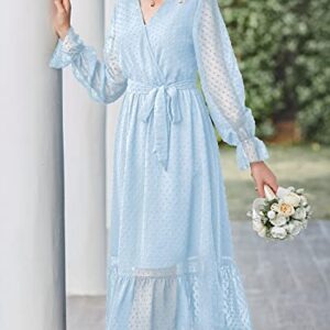 BTFBM Women's Casual Party Summer Fall Dresses 2023 Long Sleeve Wrap V Neck Swiss Dot Swing A-Line Maxi Dress with Belt(Swiss Dot Light Blue, Small)