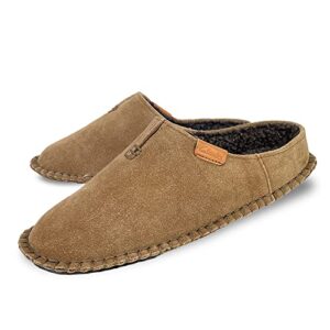 clarks mens open back suede leather slipper with heavy stitching - plush sherpa lining - indoor outdoor house slippers for men (13 m us, tan)