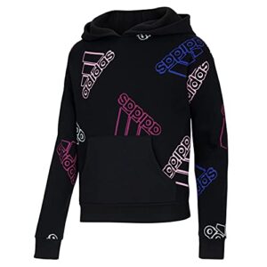 adidas girls allover print fleece hoodie hooded sweatshirt, black with purple, medium us