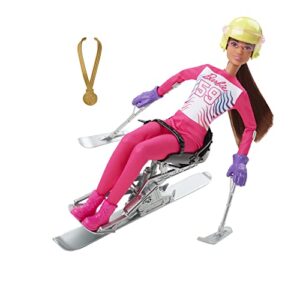 barbie winter sports para alpine skier brunette doll (12 in) with shirt, pants, helmet, gloves, pole, sit ski & trophy, great gift for ages 3 and up