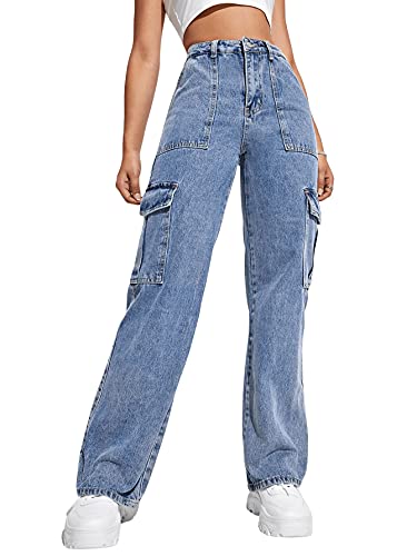 SweatyRocks Women's High Waist Cargo Jeans Flap Pocket Wide Leg Denim Pants Blue L