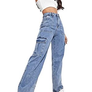 SweatyRocks Women's High Waist Cargo Jeans Flap Pocket Wide Leg Denim Pants Blue L