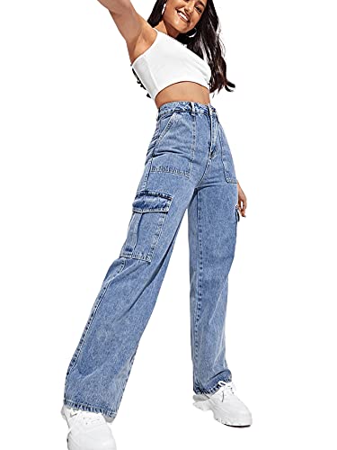 SweatyRocks Women's High Waist Cargo Jeans Flap Pocket Wide Leg Denim Pants Blue L
