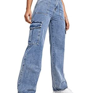 SweatyRocks Women's High Waist Cargo Jeans Flap Pocket Wide Leg Denim Pants Blue L