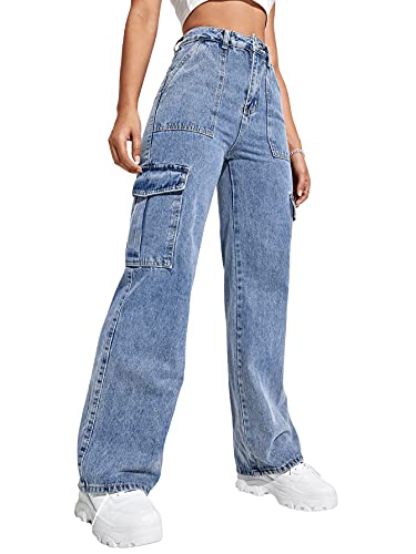 SweatyRocks Women's High Waist Cargo Jeans Flap Pocket Wide Leg Denim Pants Blue L