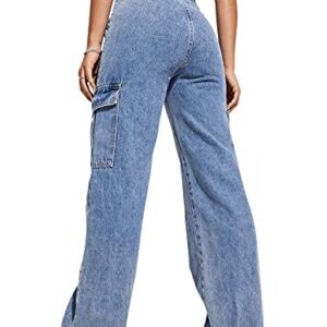 SweatyRocks Women's High Waist Cargo Jeans Flap Pocket Wide Leg Denim Pants Blue L