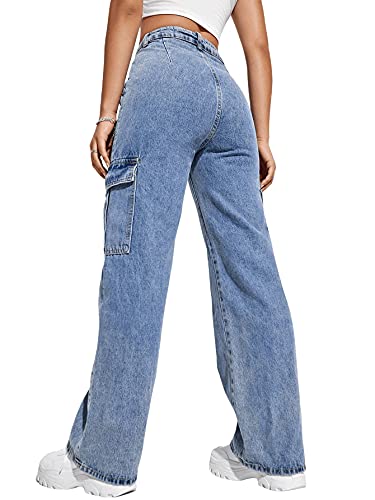 SweatyRocks Women's High Waist Cargo Jeans Flap Pocket Wide Leg Denim Pants Blue L