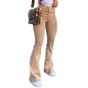 longbida women's flared bell bottom elastic waist skinny straight fit raw hem denim jeans(khaki,xl)
