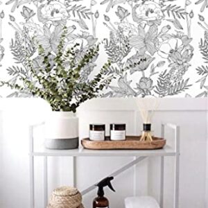 Blooming Wall Black White Elegant Modern Lotus Lily Leaf Peel and Stick Wallpaper Self-Adhesive Prepasted Wallpaper Wall Mural Wall Decor (17.7“x118”, Black/White)