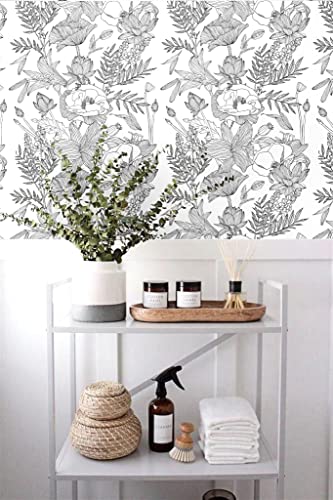 Blooming Wall Black White Elegant Modern Lotus Lily Leaf Peel and Stick Wallpaper Self-Adhesive Prepasted Wallpaper Wall Mural Wall Decor (17.7“x118”, Black/White)