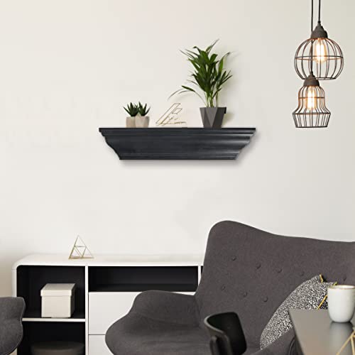 PRINZ Shelves 24" Black Wash Crown Molding Wood, Floating Wall Shelves for Bathroom, Bedroom, Wall Decor, 24" X 5" X 4"