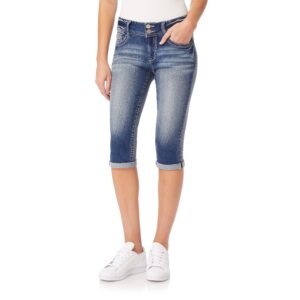 wallflower womens juniors instastretch mid-rise curvy fit skinny stretch denim capri (standard and plus) jeans, jenna, 15 us