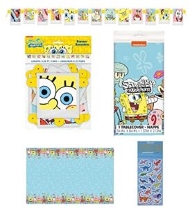 spongebob squarepants birthday party supplies decoration bundle pack includes 1 jointed banner, 1 table cover, 1 esave dinosasur sticker sheet
