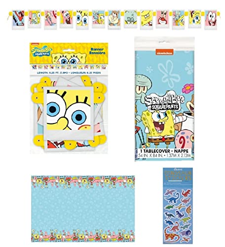 SpongeBob Squarepants Birthday Party Supplies Decoration Bundle Pack includes 1 Jointed Banner, 1 Table Cover, 1 Esave Dinosasur Sticker Sheet