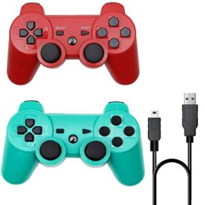 rzzhgzq 2 pack ps3 wireless controller playstation 3 controller wireless bluetooth gamepad with usb charger cable for ps3 console (red+green)