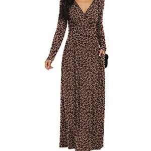 LILBETTER Women Long Sleeve Deep V Neck Loose Plain Long Maxi Casual Dress(F Leopard Deep Khaki,Large)