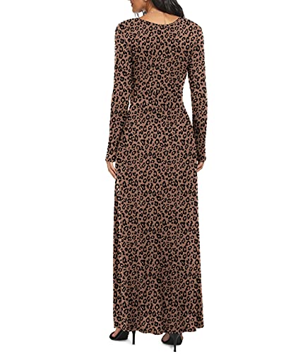 LILBETTER Women Long Sleeve Deep V Neck Loose Plain Long Maxi Casual Dress(F Leopard Deep Khaki,Large)