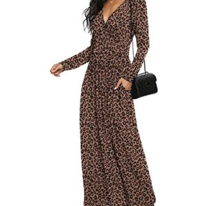 LILBETTER Women Long Sleeve Deep V Neck Loose Plain Long Maxi Casual Dress(F Leopard Deep Khaki,Large)