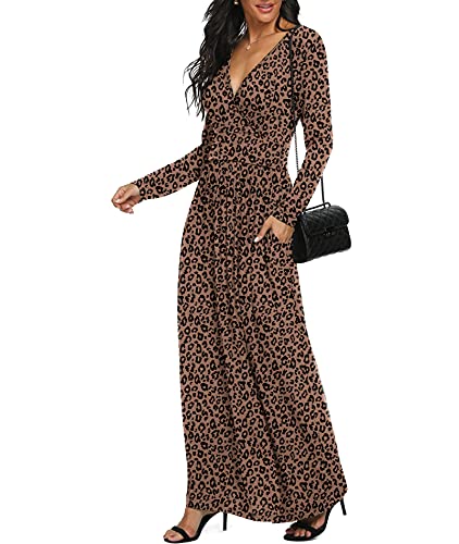 LILBETTER Women Long Sleeve Deep V Neck Loose Plain Long Maxi Casual Dress(F Leopard Deep Khaki,Large)