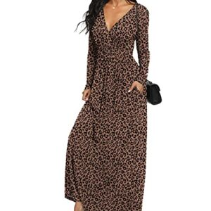 LILBETTER Women Long Sleeve Deep V Neck Loose Plain Long Maxi Casual Dress(F Leopard Deep Khaki,Large)