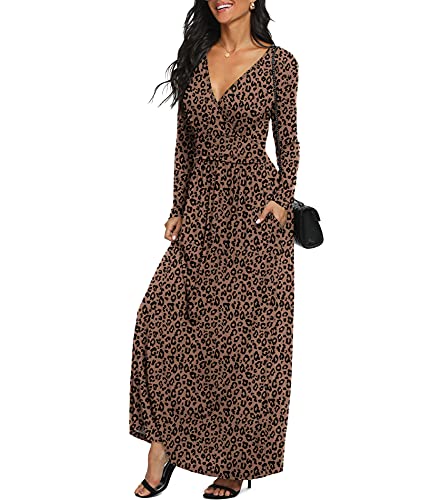 LILBETTER Women Long Sleeve Deep V Neck Loose Plain Long Maxi Casual Dress(F Leopard Deep Khaki,Large)