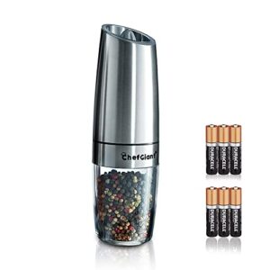 chefgiant electric salt and pepper grinder - automatic gravity activated operation with led light | adjustable coarseness | batteries included | bonus spoon & brush - stainless steel