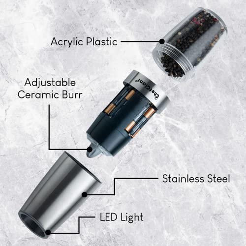 ChefGiant Electric Salt and Pepper Grinder - Automatic Gravity Activated Operation with LED Light | Adjustable Coarseness | Batteries Included | Bonus Spoon & Brush - Stainless Steel