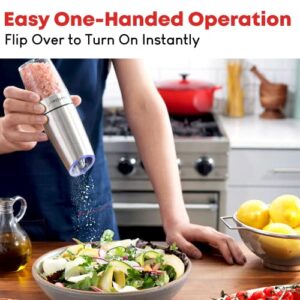 ChefGiant Electric Salt and Pepper Grinder - Automatic Gravity Activated Operation with LED Light | Adjustable Coarseness | Batteries Included | Bonus Spoon & Brush - Stainless Steel