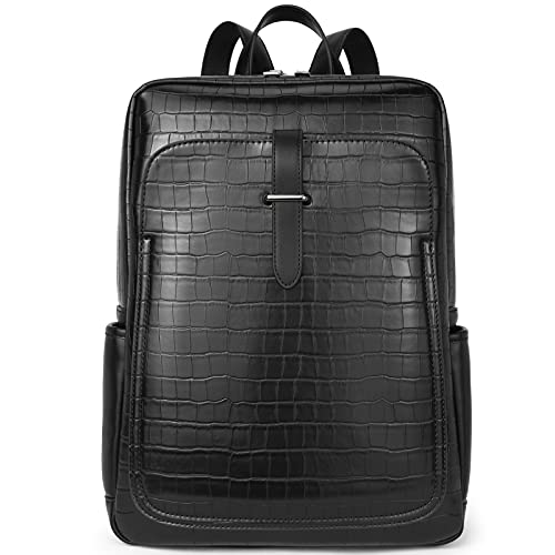 BROMEN Leather Laptop Backpack for Women 15.6 inch Computer Backpack Business Travel Professional Work Daypack College Bag Crocodile Grain Black