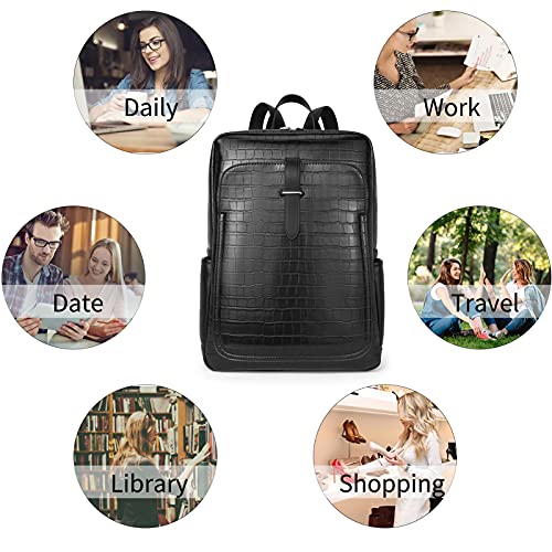 BROMEN Leather Laptop Backpack for Women 15.6 inch Computer Backpack Business Travel Professional Work Daypack College Bag Crocodile Grain Black