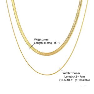 Tasiso 14K Gold Plated Herringbone Choker Necklace Set Double Layer Snake Chain Layered Gold Herringbone Chain Necklace Flat Snake Choker Necklaces for Women 3MM 38CM/1.5MM 42CM