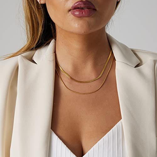 Tasiso 14K Gold Plated Herringbone Choker Necklace Set Double Layer Snake Chain Layered Gold Herringbone Chain Necklace Flat Snake Choker Necklaces for Women 3MM 38CM/1.5MM 42CM