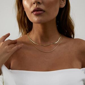 Tasiso 14K Gold Plated Herringbone Choker Necklace Set Double Layer Snake Chain Layered Gold Herringbone Chain Necklace Flat Snake Choker Necklaces for Women 3MM 38CM/1.5MM 42CM